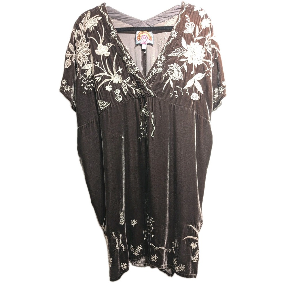 Johnny Was Tunic Top Women XS Oversize Velvet Embroidered Floral Boho Silk/Rayon